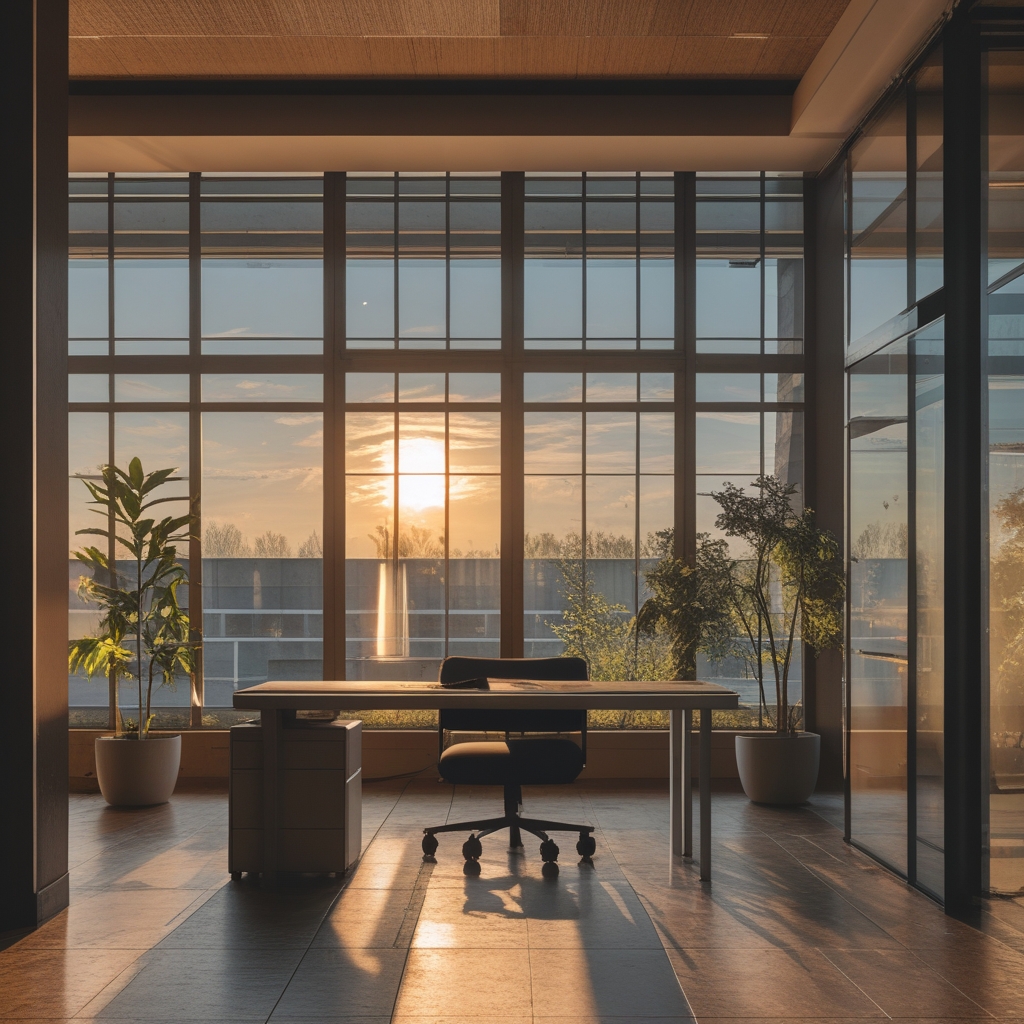 Helles modernes Büro mit großen Fenstern, ein leerer ergonomischer Stuhl am Schreibtisch, Tageslicht beleuchtet den Raum, Pflanzen an der Seite, ruhige Atmosphäre