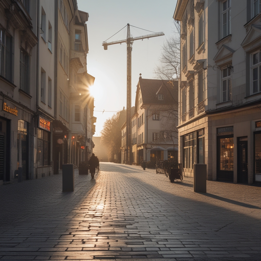 Bürgersteig in einer europäischen Innenstadt am frühen Morgen, Sonnenlicht fällt zwischen Gebäuden, langer Schatten auf dem gepflasterten Weg, ruhige und einladende Stadtszene