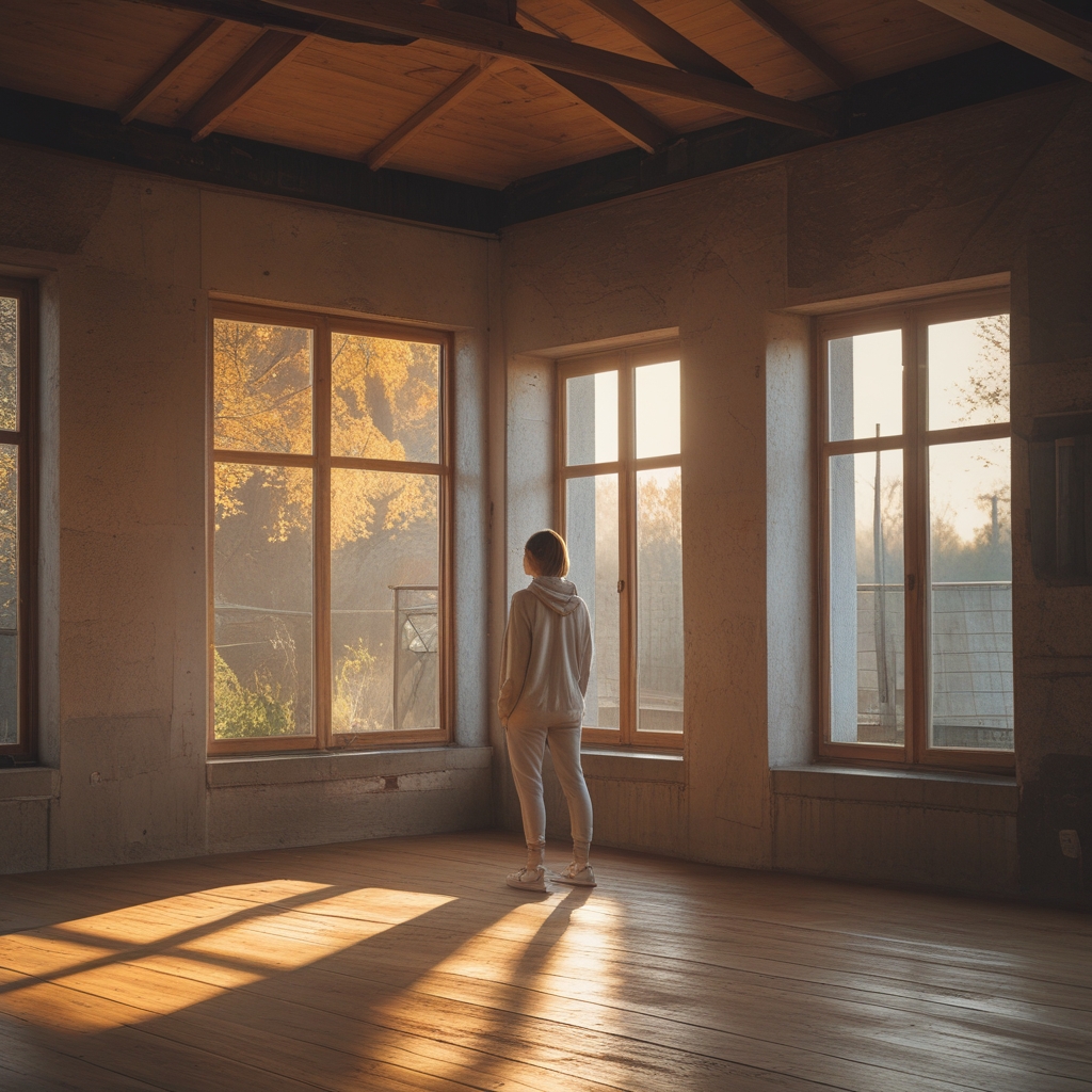 Weiter heller Sportraum mit Holzboden und großen Fenstern, warmes Morgenlicht fällt schräg auf die Fläche, eine einzelne ruhig stehende Figur in neutraler Sportkleidung am Fenster