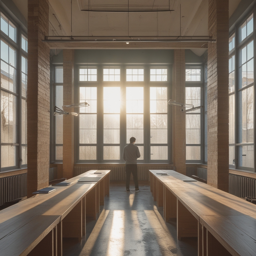 Großer heller Leseraum mit langen Holztischen, aufgeklappte Fachbücher zur Sportbiologie und Biomechanik, warmes Seitenlicht durch hohe Fenster, keine Personen, ruhige institutionelle Atmosphäre