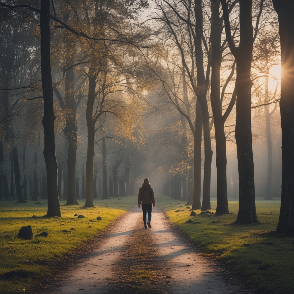 Gepflasterter Weg in einem herbstlichen Park, frühes Morgenlicht zwischen Bäumen, Licht und Schatten auf dem Boden, tiefe Perspektive und ruhige Atmosphäre ohne Personen